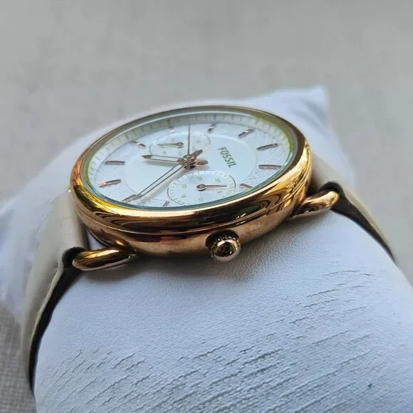 Fossil Women Wristwatch Multifunction Cream Leather Band Gold Tone Case Watch - Picture 8 of 12
